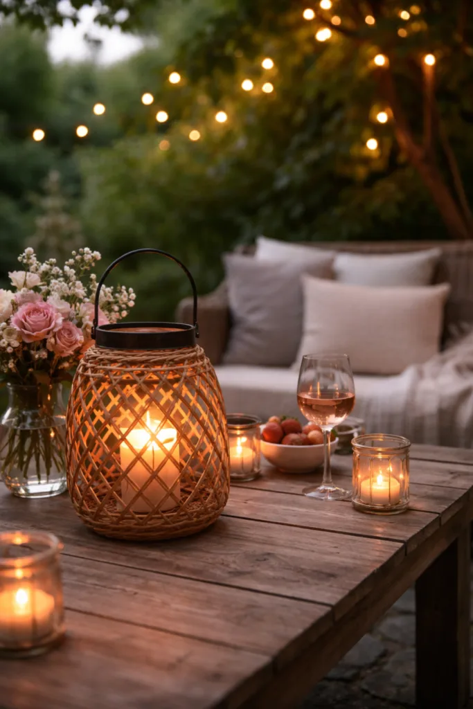 5 wunderschöne Ideen für deine Muttertagsdeko im Garten Muttertag Deko im Garten mit warmem Licht, Kerzen und Lichterkette am Abend