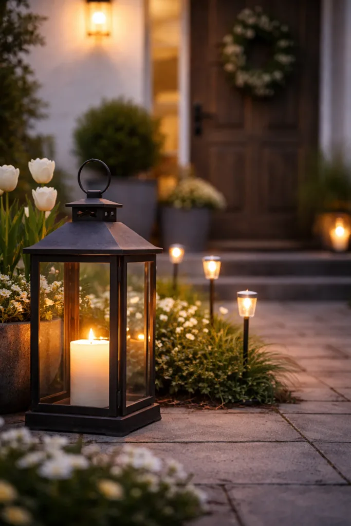 Einfahrt Deko im April mit Laterne, warmem Licht und beleuchteten Pflanzen entlang des Eingangswegs
