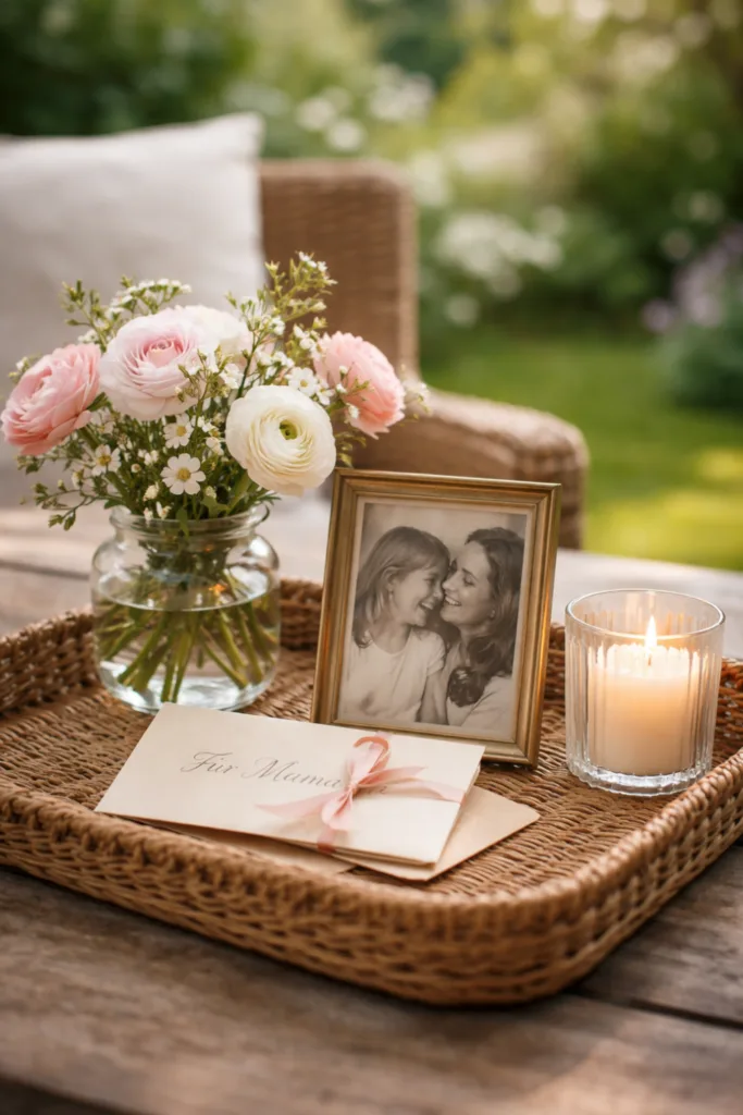 5 wunderschöne Ideen für deine Muttertagsdeko im Garten Muttertag Deko im Garten mit Blumen, Foto und persönlicher Botschaft auf Holztisch
