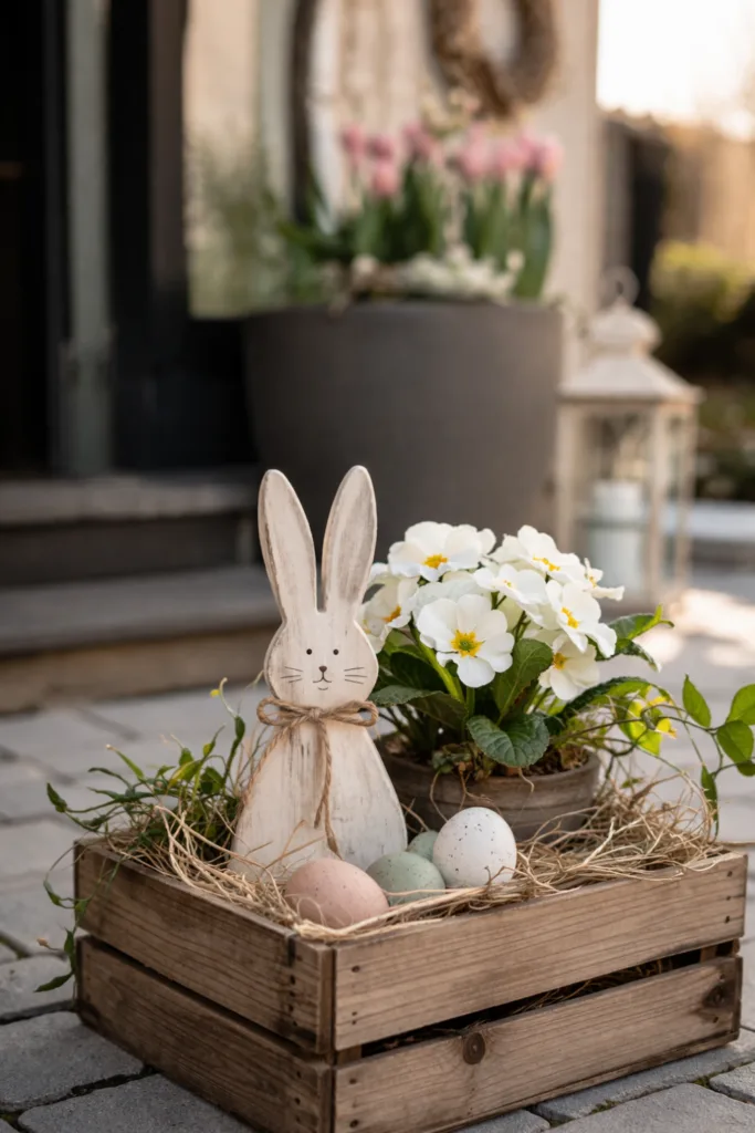 Einfahrt Deko im April mit Osterdeko, Blumen, Holzbox und Frühlingspflanzen vor Hauseingang