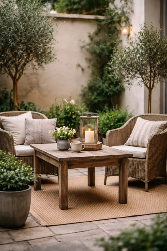 Hof Deko im April mit Sitzbereich, Holztisch, Stühlen und Pflanzen stilvoll gestaltet