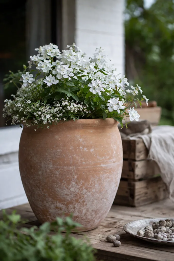 Hof Deko im April mit Terrakotta Topf und natürlichen Materialien im Garten
