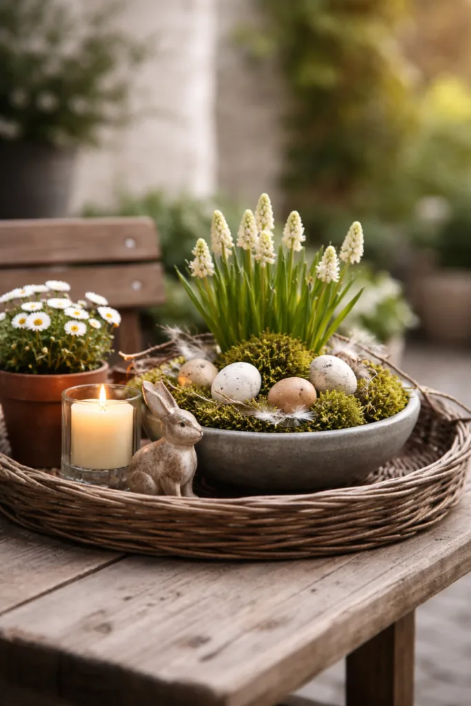 Hof Deko im April mit zentraler Frühlingsschale, Moos, Eiern und natürlicher Dekoration