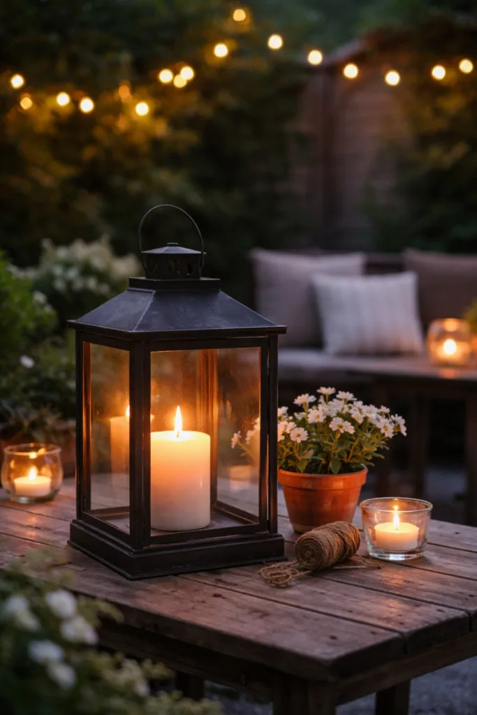 Hof Deko im April mit warmem Licht, Laternen und gemütlicher Abend Atmosphäre im Garten