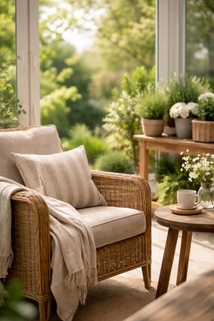 5 Deko-Ideen, die deinen Wintergarten im April sofort aufwerten Wintergarten Sitzbereich im Frühling mit Sessel, Pflanzen und natürlichem Licht gestaltet