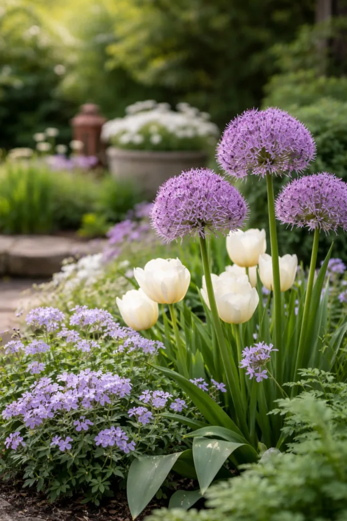 5 schöne & schnelle Ideen für deine Beetdeko im April Beetdeko im April mit lila und weißen Blüten im harmonischen Farbkonzept im Garten