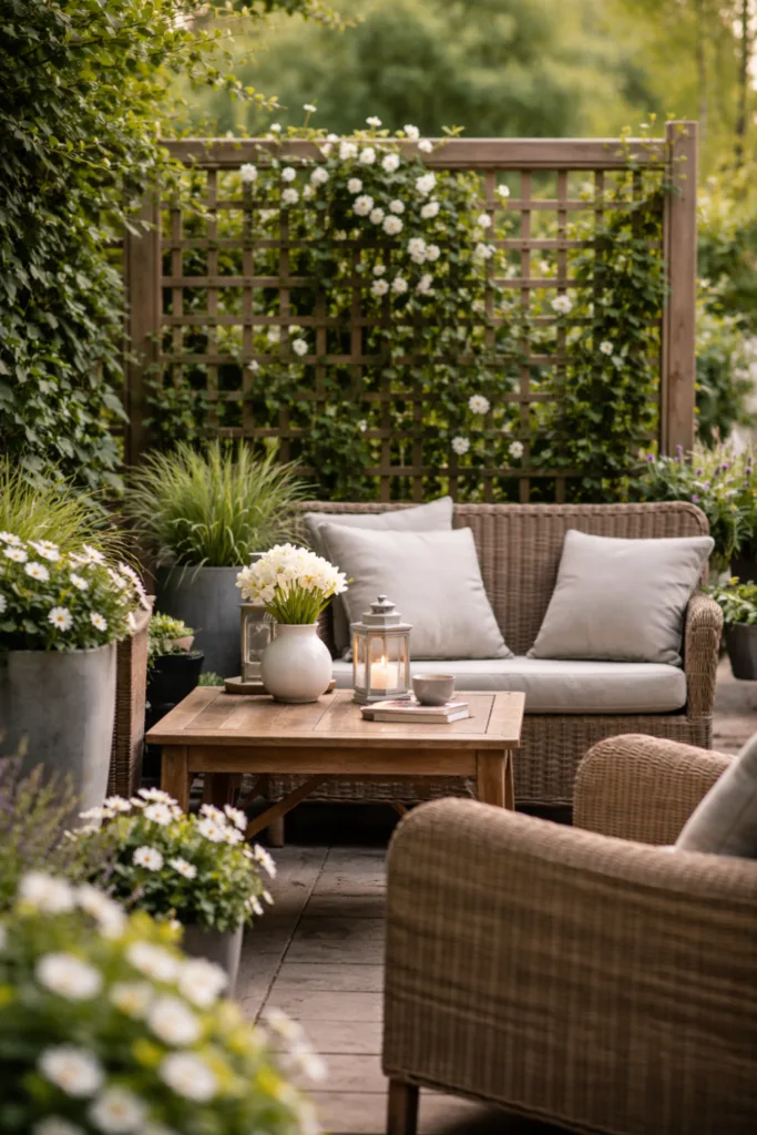 Reihenhausgarten Sitzplatz Deko April mit Holzmöbeln, Kissen und Frühblühern gemütlich gestaltet