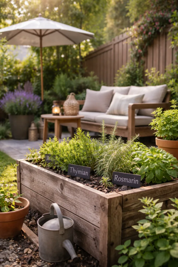 Reihenhausgarten Deko im April mit Kräuterbeet, Sitzbereich und klaren Gartenzonen strukturiert gestaltet