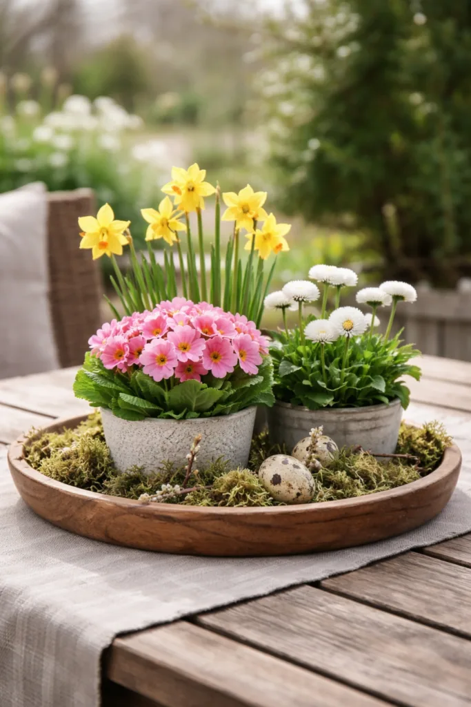 5 einfache und schöne Ideen für deine Gartentisch-Deko im April Gartentisch Deko im April mit Frühblühern in Holzschale, natürliche Frühlingsdeko draußen auf Tisch