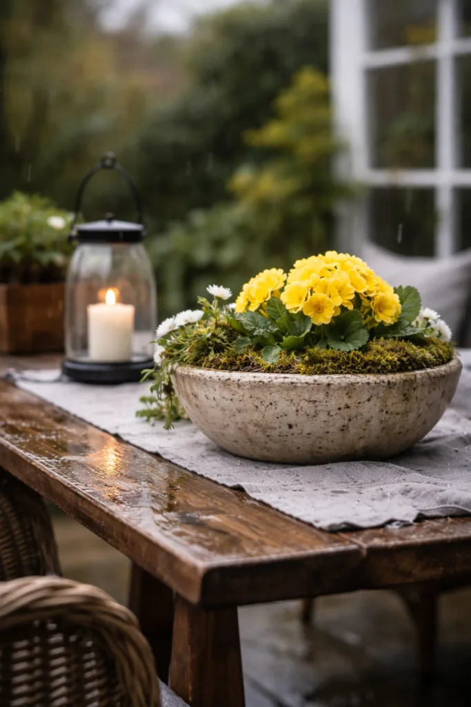5 einfache und schöne Ideen für deine Gartentisch-Deko im April Gartentisch Deko im April mit Pflanzen und Keramik wetterfest bei Regen und Wind gestaltet