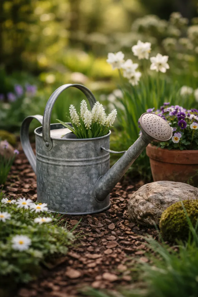 5 schöne & schnelle Ideen für deine Beetdeko im April Beet Deko im April mit Gießkanne als Blickfang, reduzierte Gartengestaltung und Frühblüher im Hintergrund