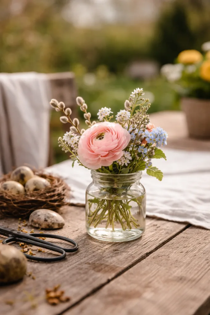 5 einfache und schöne Ideen für deine Gartentisch-Deko im April Gartentisch Deko im April mit Glasvase, Frühlingsblumen und natürlichen Details aus dem Garten