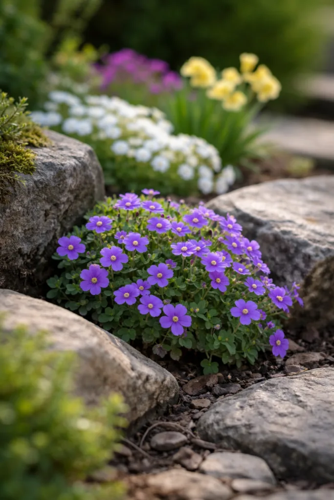 5 einfache Steingarten Deko-Ideen, die sofort wirken im April Steingarten Deko im April mit Frühblühern wie Blaukissen zwischen Natursteinen arrangiert