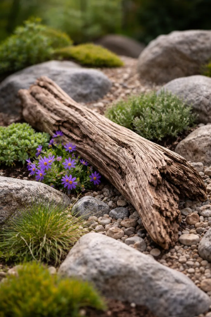 5 einfache Steingarten Deko-Ideen, die sofort wirken im April Steingarten Deko im April mit Holz und Naturmaterialien zwischen Steinen und Frühblühern