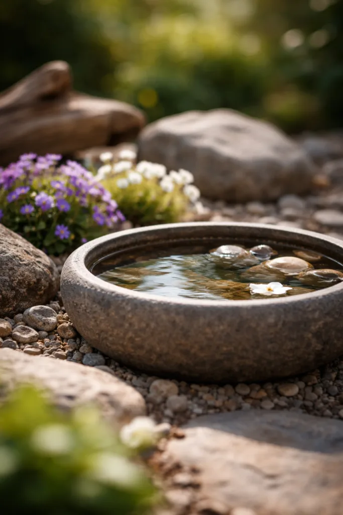 5 einfache Steingarten Deko-Ideen, die sofort wirken im April Steingarten Deko im April mit Wasserschale und Lichtreflexen zwischen Steinen und Frühblühern