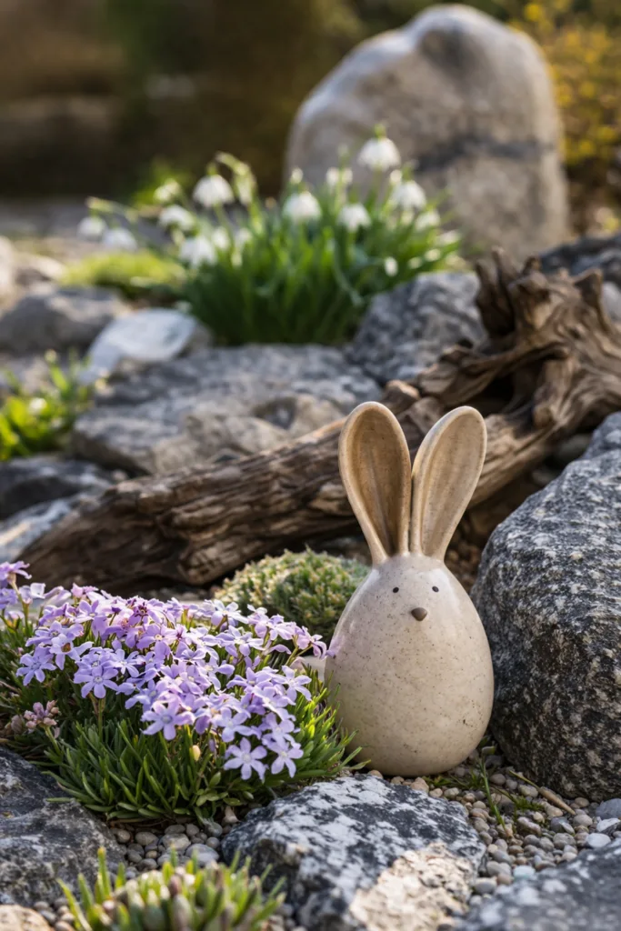 5 einfache Steingarten Deko-Ideen, die sofort wirken im April Steingarten Deko im April mit dezenter Osterfigur und Frühblühern zwischen Natursteinen
