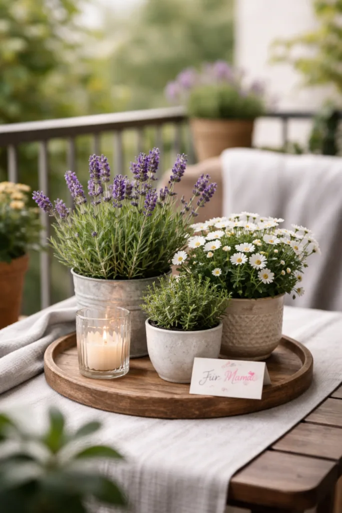 Muttertagsdeko Balkon mit Lavendel, Margeriten und Kräutern auf dekoriertem Tisch im Freien