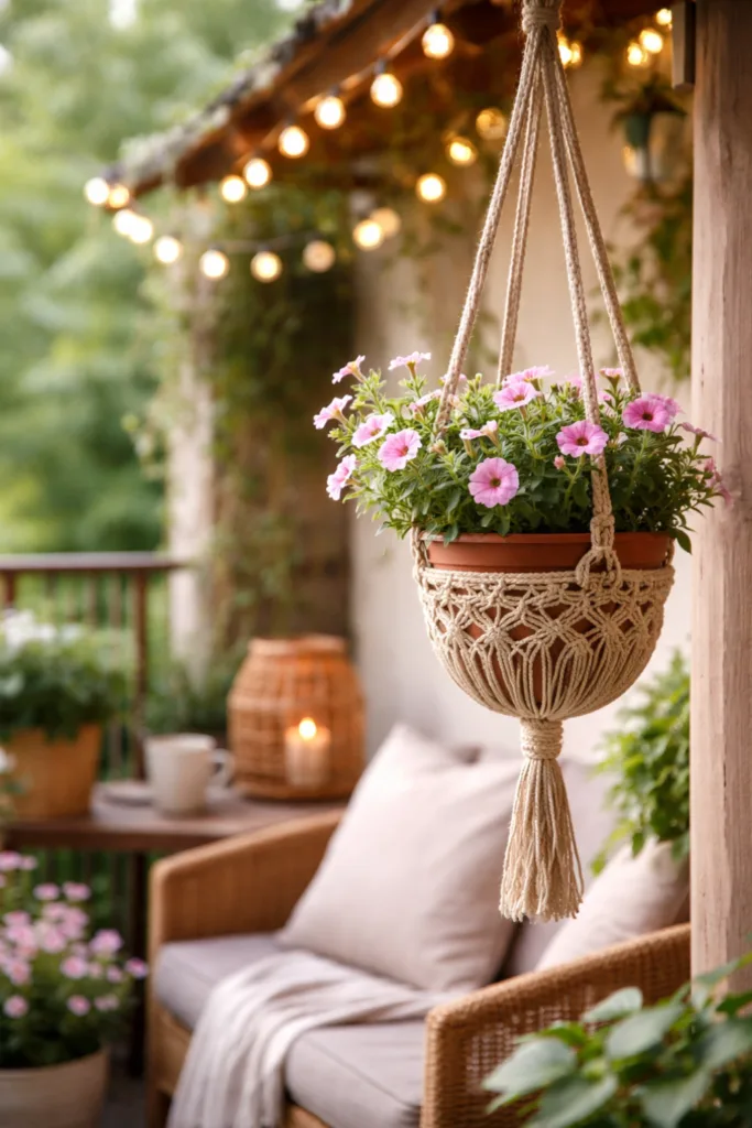 Muttertagsdeko Balkon mit hängender Makramee Blumenampel und Lichterkette in gemütlicher Atmosphäre