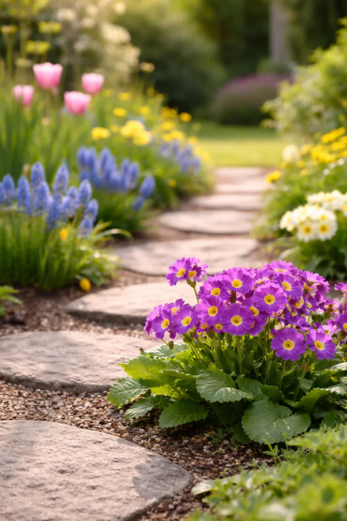 5 wunderschöne Ideen für deine Gartenwege Deko im April Gartenweg Deko im April mit Primeln und Frühblühern entlang eines geschwungenen Steinwegs im Garten