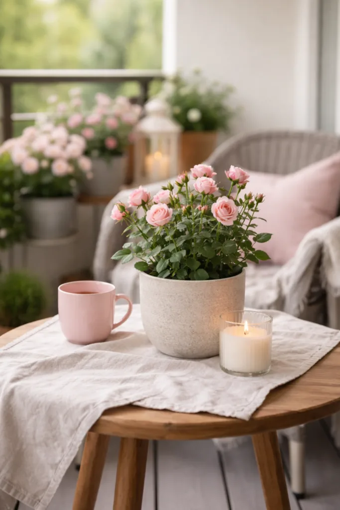 Muttertagsdeko Balkon mit harmonischem Farbkonzept, rosa Blumen, Kerze und stilvoller Tischgestaltung