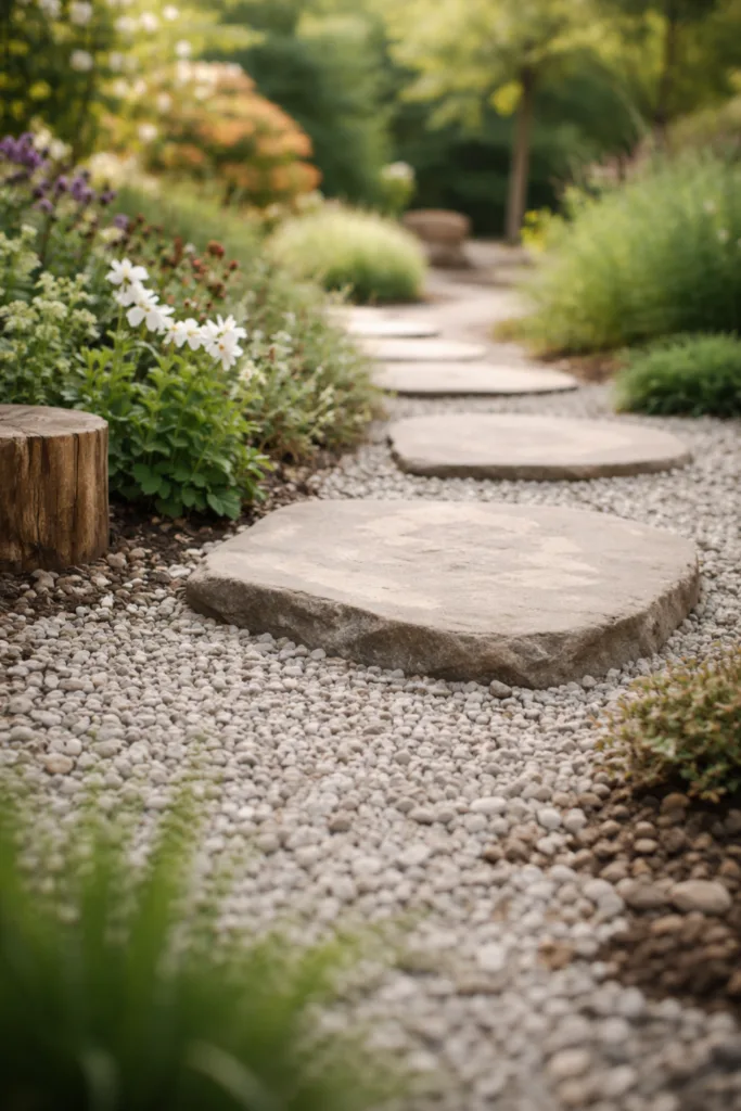 5 wunderschöne Ideen für deine Gartenwege Deko im April Gartenweg mit Naturstein und Kies, stilvolle Gartenwege Deko im April im natürlichen Frühlingsgarten