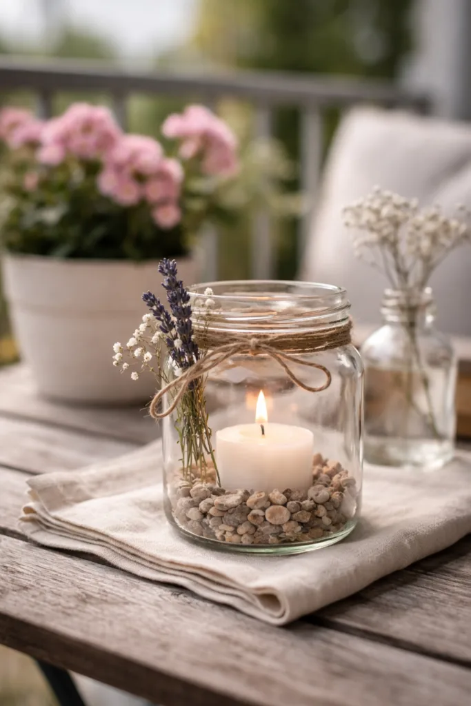 Muttertagsdeko Balkon DIY Windlicht mit Glas, Lavendel und Kerze in natürlicher Atmosphäre