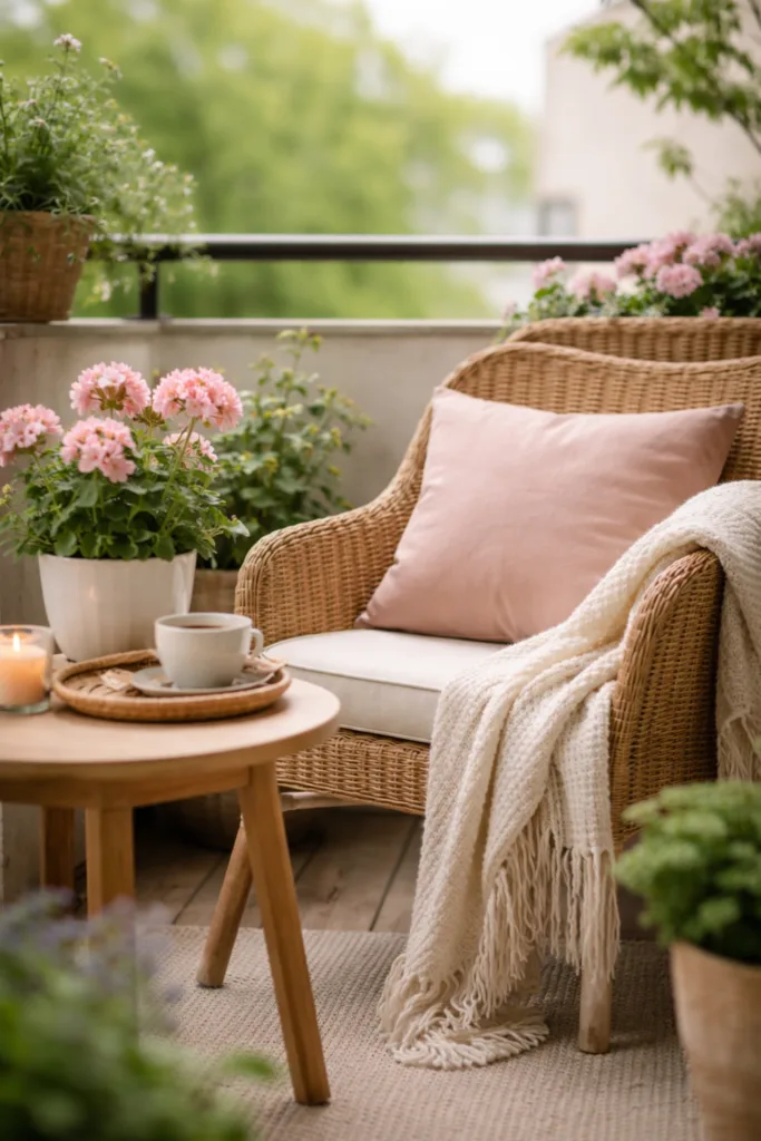 Muttertagsdeko auf dem Balkon mit gemütlichem Sitzbereich, Kissen, Decke und blühenden Pflanzen