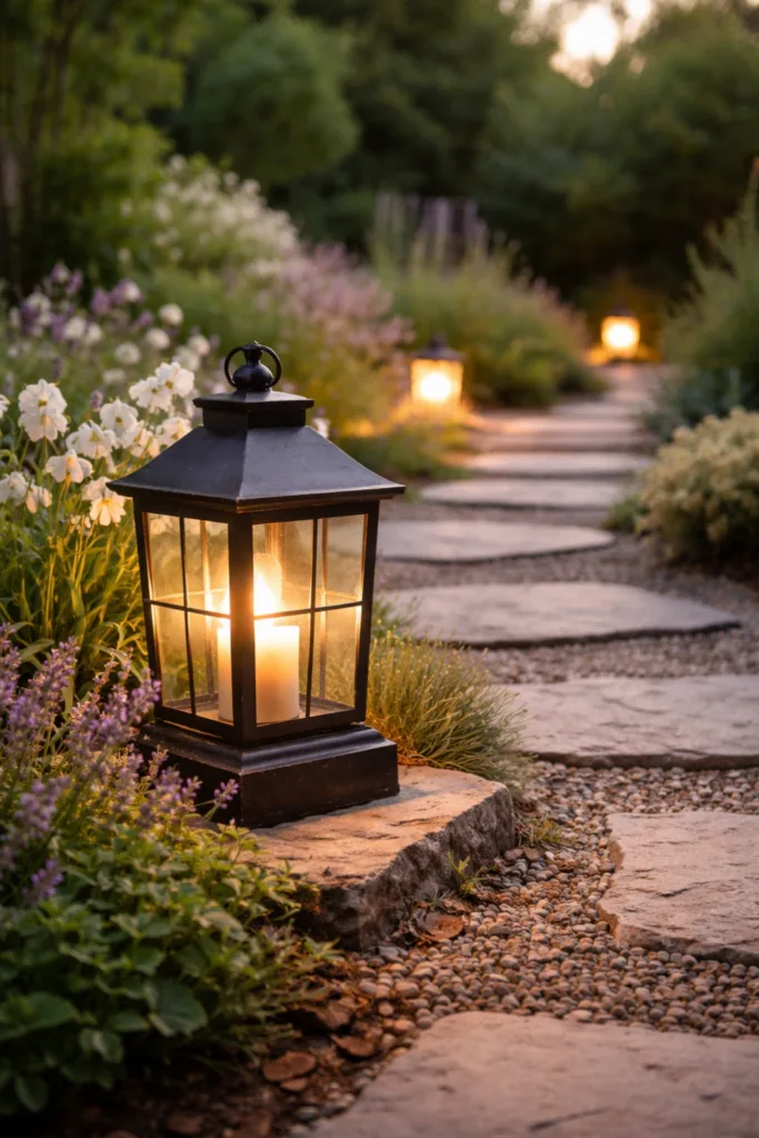 5 wunderschöne Ideen für deine Gartenwege Deko im April Gartenweg Beleuchtung im April mit Laterne entlang eines bepflanzten Gartenwegs bei Abendlicht