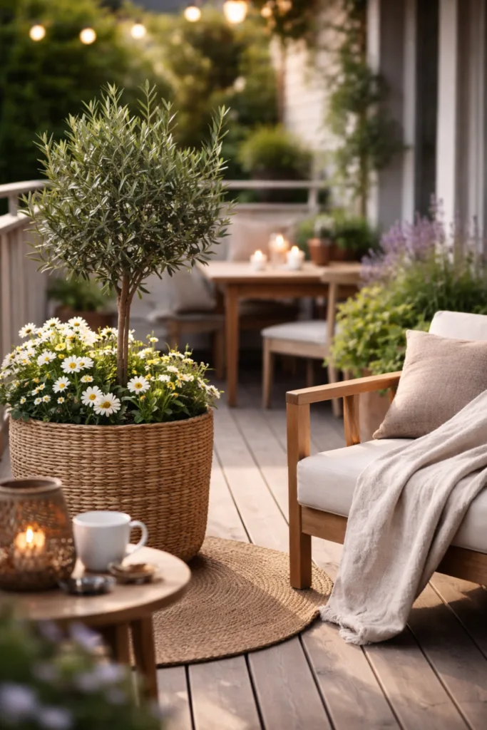 5 einfache und schöne Deko-Ideen im April für große Balkone Großer Balkon Deko im April mit Sitzbereich und Pflanzzone klar strukturiert