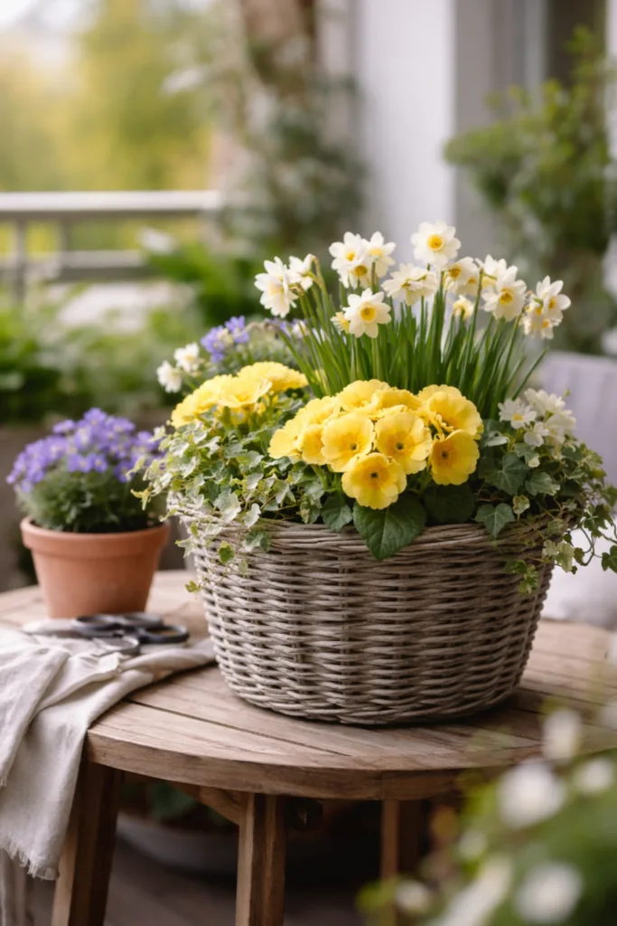5 einfache und schöne Deko-Ideen im April für große Balkone Großer Balkon im April mit Frühblühern, gelben Primeln und Narzissen in dekorativem Pflanzkorb