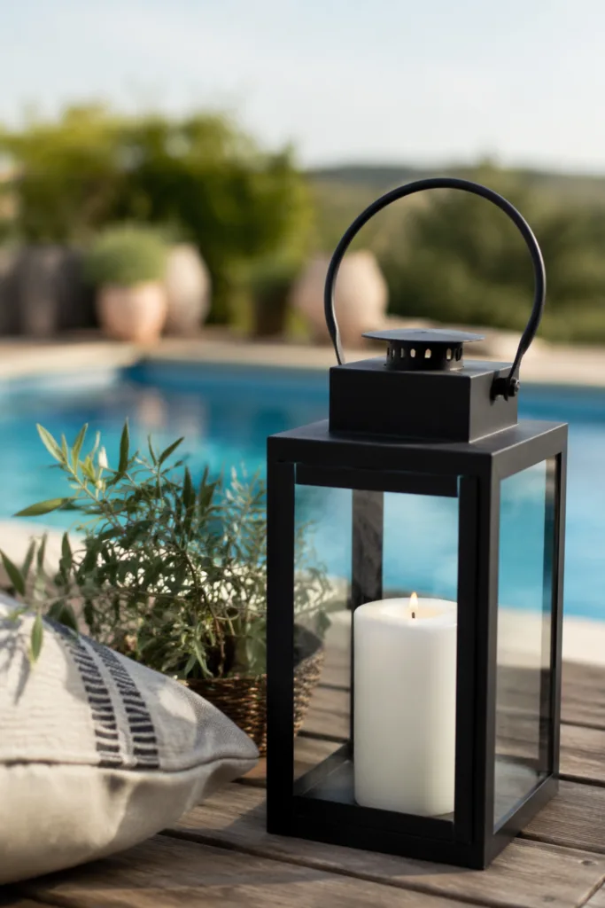 Pooldeko im April mit Laterne als Highlight am Poolrand, minimalistisch und stilvoll gestaltet