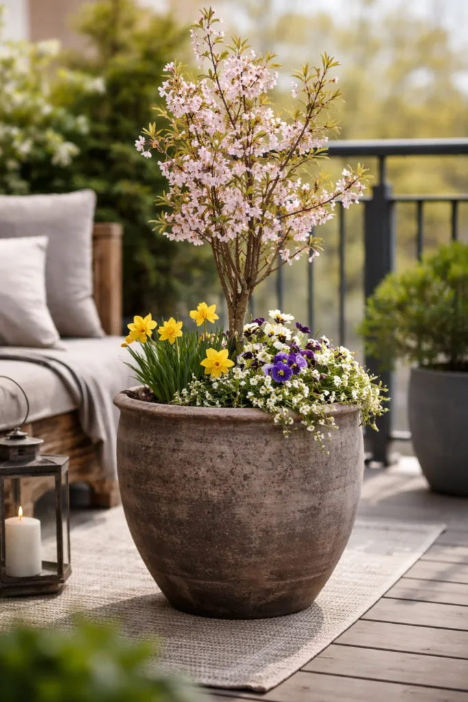 5 einfache und schöne Deko-Ideen im April für große Balkone Großer Pflanzkübel mit Frühblühern und kleinem Baum auf Balkon im April als Deko Idee