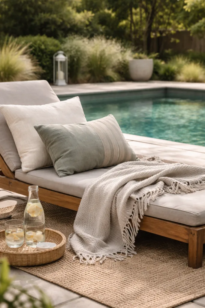 Pooldeko im April mit Liege, Kissen und Decke, gemütliche Gartengestaltung am Poolrand