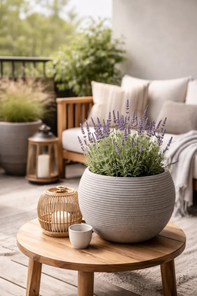 5 einfache und schöne Deko-Ideen im April für große Balkone Großer Balkon im April mit Keramiktopf, Holz und harmonischer Deko Gestaltung