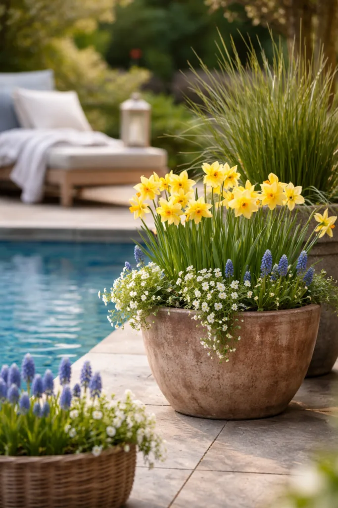 Pooldeko im April mit Frühblühern im Kübel am Poolrand stilvoll umgesetzt