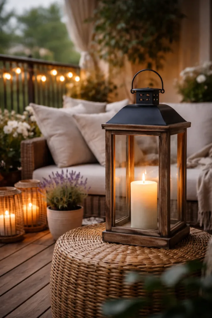 5 einfache und schöne Deko-Ideen im April für große Balkone Großer Balkon Deko im April mit Laterne, Kerzenlicht und gemütlicher Abendstimmung