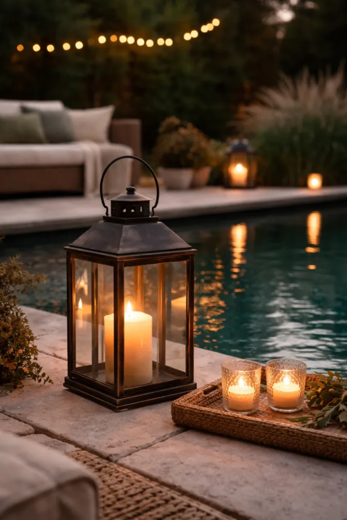 Pooldeko im April mit Laterne, Kerzenlicht und dezenter Gartengestaltung am Pool