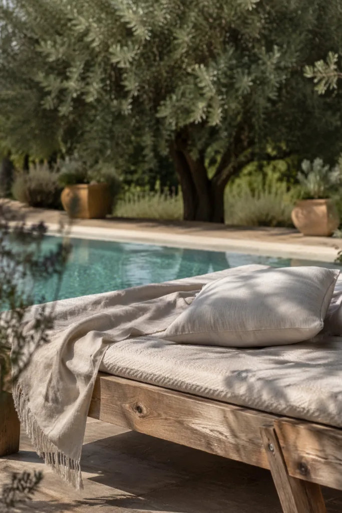 Pooldeko im April mit Holzliege, Kissen und dezenter Frühlingsgestaltung am Pool