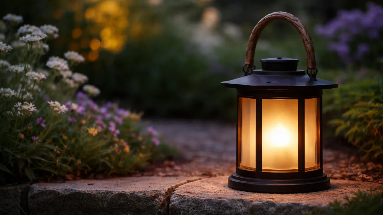 Beleuchtung im Garten im April mit Laterne und warmem Licht am Gartenweg