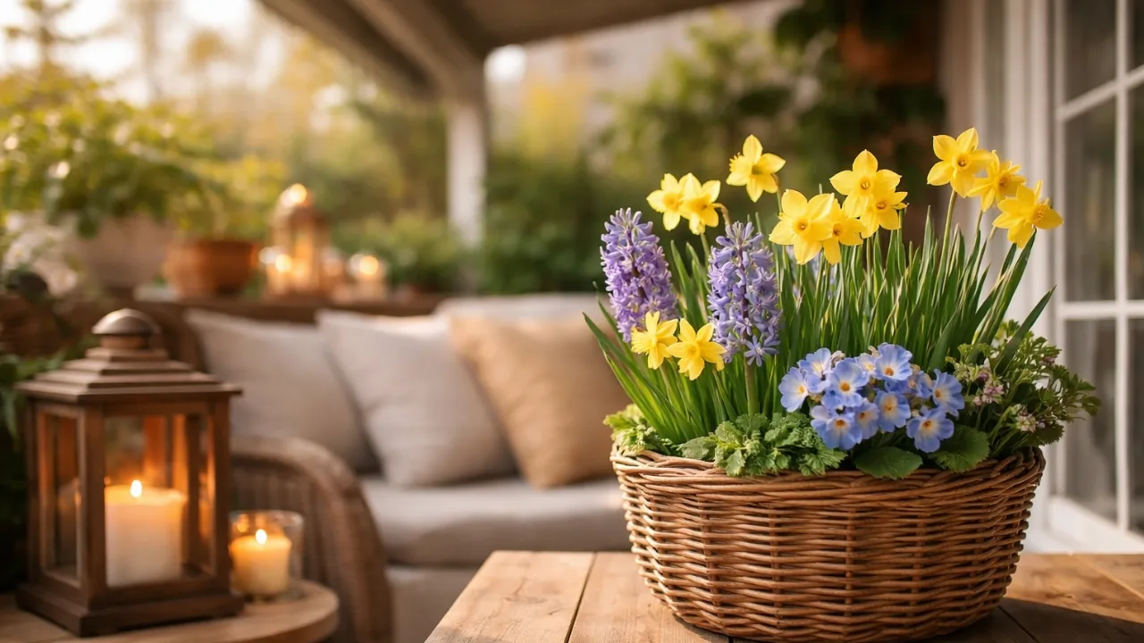 Balkon mit Dach im April dekoriert mit Frühblühern, Holz und warmem Licht in gemütlicher Atmosphäre