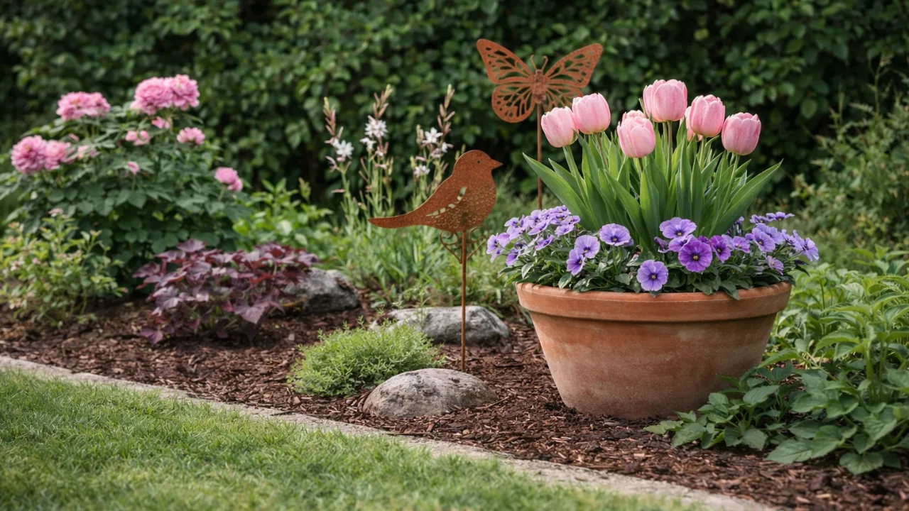 5 schöne & schnelle Ideen für deine Beetdeko im April Beetdeko im April mit Tulpen im Topf, Frühblühern und rostigen Beetsteckern im Garten