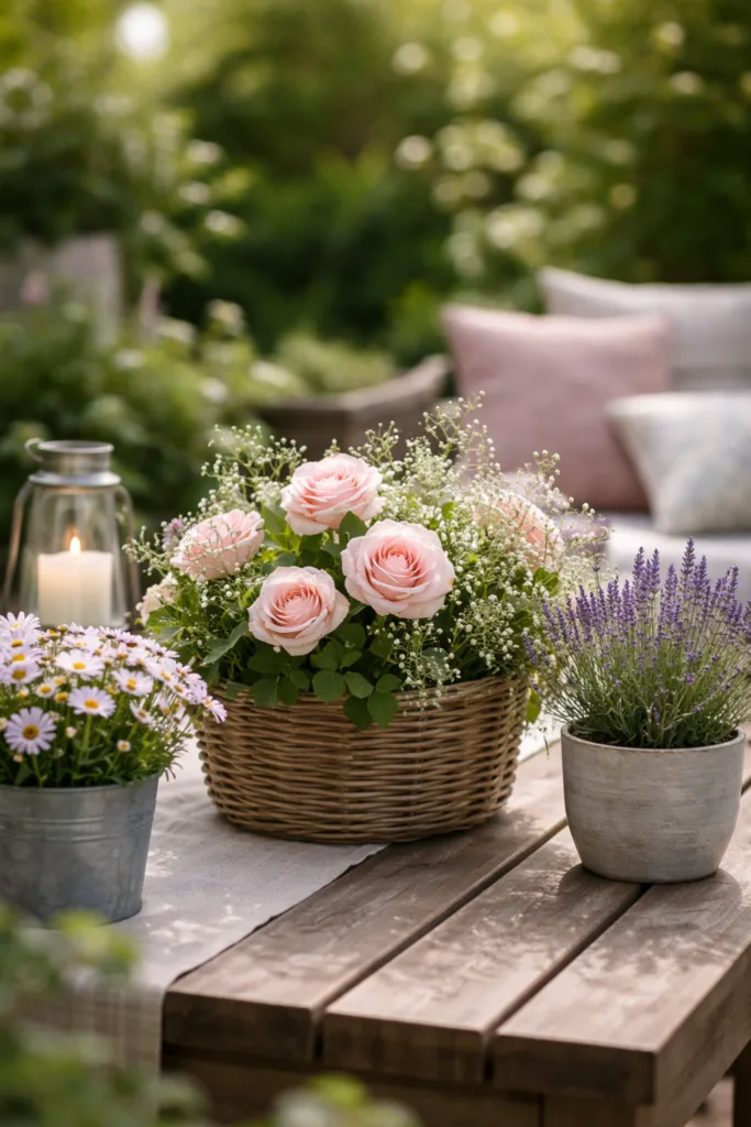 Muttertag draußen feiern – 5 schöne Deko-Ideen für deine Terrasse Muttertag Terrasse Deko mit persönlicher Karte, Blume und Kaffee auf Holztablett im Garten