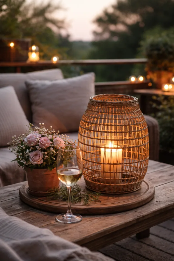 Muttertag draußen feiern – 5 schöne Deko-Ideen für deine Terrasse Licht auf Terrasse am Abend mit Laterne und Kerzen für Muttertag Stimmung