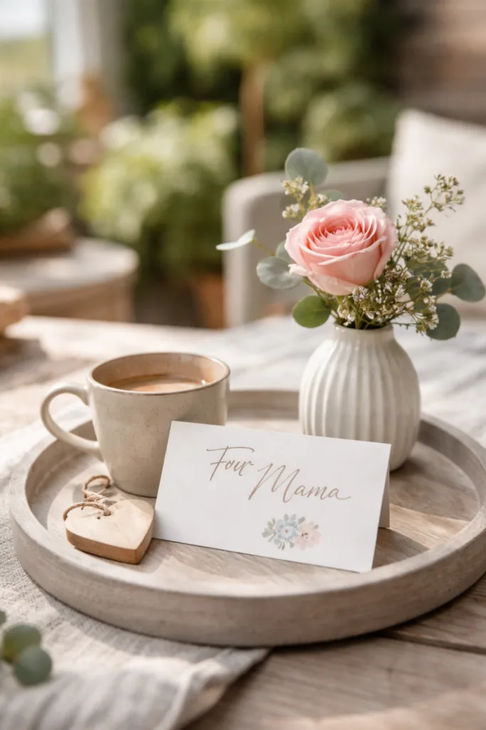 Muttertag draußen feiern – 5 schöne Deko-Ideen für deine Terrasse Muttertag Terrasse Deko mit persönlicher Karte, Blume und Kaffee auf Holztablett