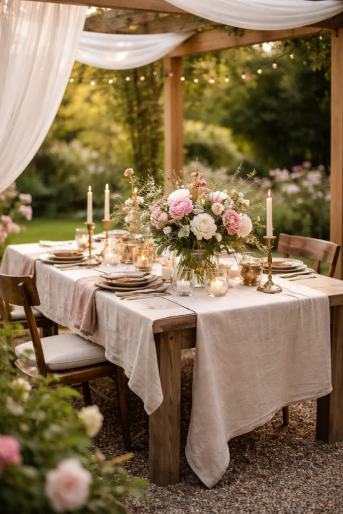 Muttertag im großen Garten dekorieren mit zentraler Tafel, Blumen und Kerzen stilvoll arrangiert