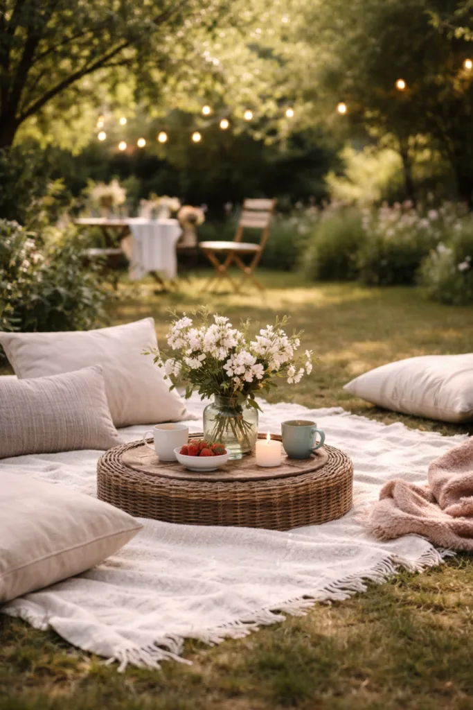 Muttertag im großen Garten mit natürlicher Deko, Sitzbank unter Baum und stimmungsvolle Atmosphäre