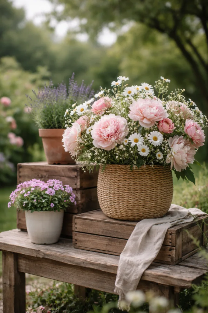 Muttertag Deko im großen Garten mit Bank unter Baum und natürlicher Gestaltung