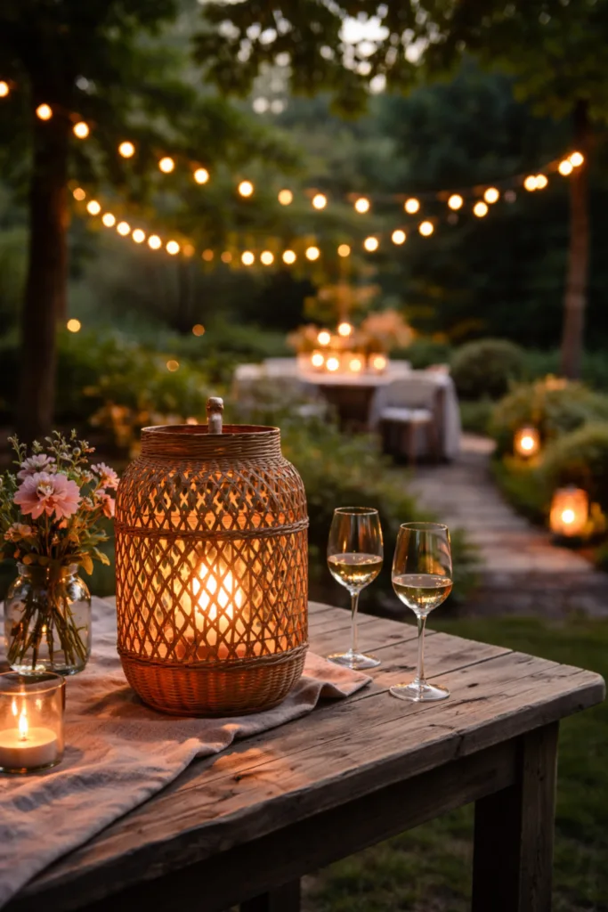 Muttertag im großen Garten natürliche Deko Idee Sitzplatz unter Baum mit Blumen und Laterne