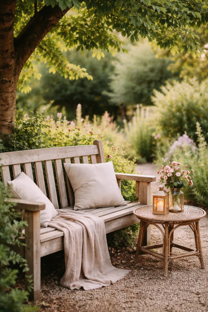 Muttertag großer Garten Deko Idee Sitzecke unter Baum mit Bank, Kissen und Blumen gemütlich gestaltet