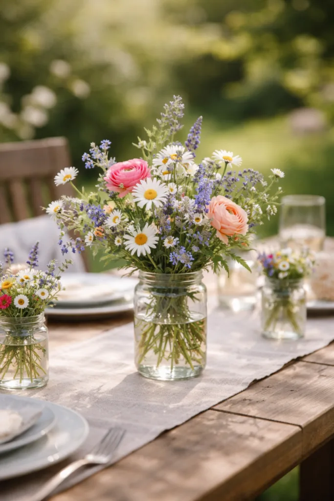 Muttertag Tischdeko Gartentisch mit natürlicher Blumendeko in Glasvasen im Garten